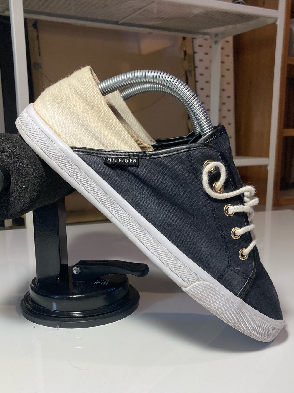Tommy Hilfiger Black and Cream Canvas Slip-On Sneakers